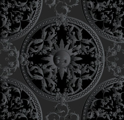 Seamless pattern, background In baroque, rococo, victorian, renaissance style. Trendy frolar vintage pattern. Hand drawing vector illustration in black colors..
