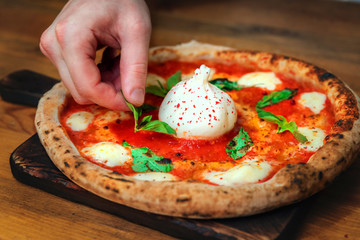 The chef decorates the freshly baked pizza with fresh Basil. Cook's hand close-up. The cook holds a Basil in his hand