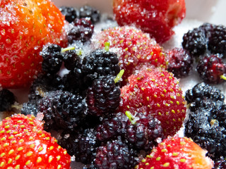red strawberries and mulberries with sugar macro