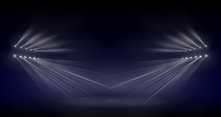 Scene illumination light, vector transparent flash light effect, sunlight special lens. Bright gold flashes and lighting with spotlights. Spot lighting of the stage.