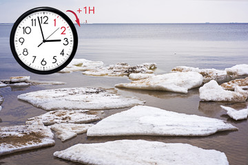 Daylight Saving Time (DST). Blue sky with white clouds and clock. Turn time forward (+1h).