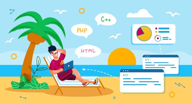 Distant Work in IT Industry Trendy Flat Vector Concept. Freelance Programmer, Software Developer Working on Beach, Using Laptop While Resting in Tropical Country, Relaxing at Seacoast Illustration