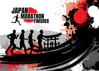 Running silhouettes. Vector illustration, Trail Running, Marathon runner, Japanese style.