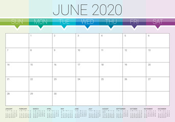 June 2020 desk calendar vector illustration