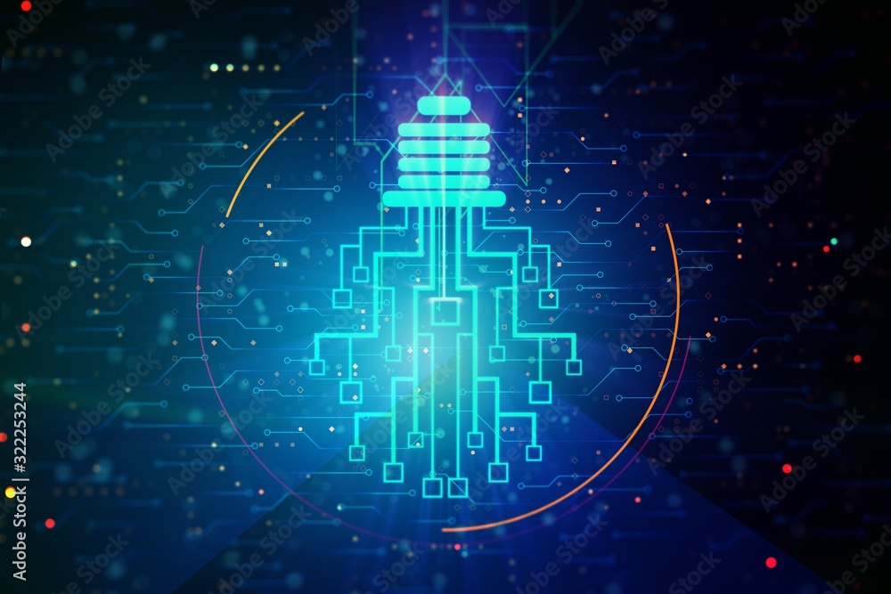 Poster Light bulb microcircuit, future technology and idea concept. 3D Rendering