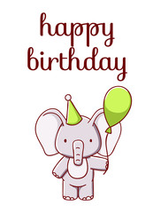 Cute elephant with balloon cartoon kawaii happy birthday flat hand card drawn isolated on white background