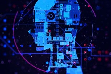 Glowing silhouette of a human head on a dark blue background. Artificial intelligence and neural networks concept. 3D Rendering