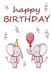 Cute two elephants with balloon cartoon kawaii happy birthday flat hand drawn card isolated on white background
