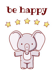 Cute elephant with five stars cartoon kawaii be happy flat hand drawn card isolated on white background