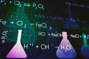 Digital chemical formulas and test tubes on dark background, education concept. 3D Rendering - Powered by Adobe