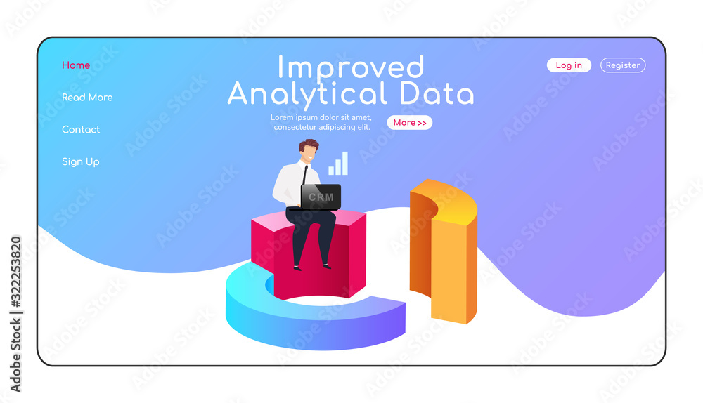 Poster improved analytical data landing page flat color vector template. man sitting on diagram homepage la