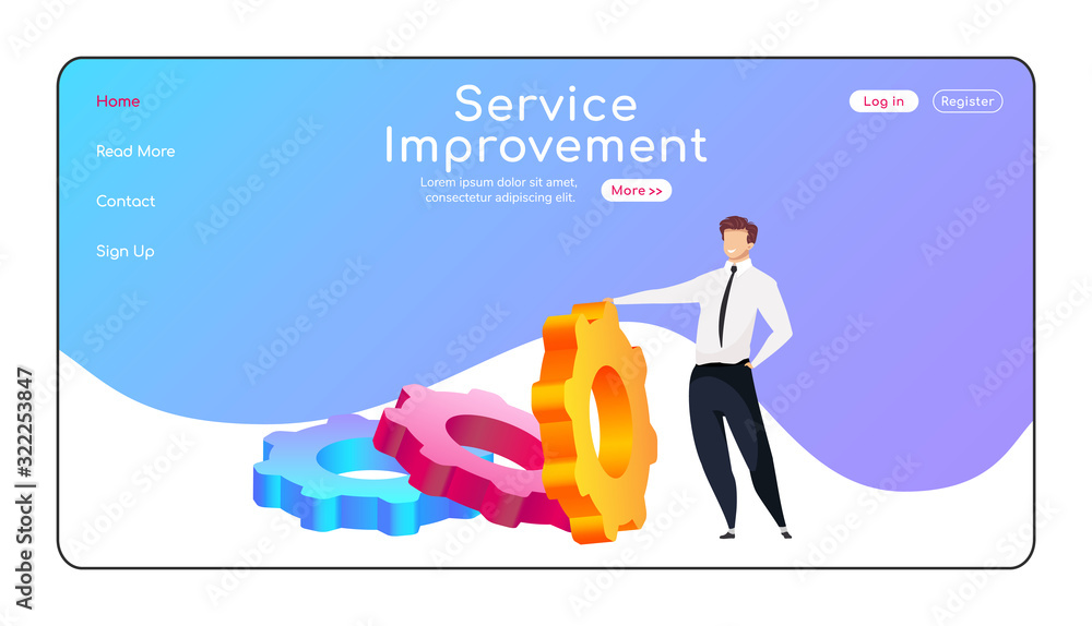 Poster service improvement landing page flat color vector template. man reclining to cogwheel homepage layo