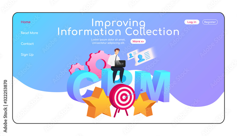 Poster improving information collection landing page flat color vector template. man sitting on word homepa