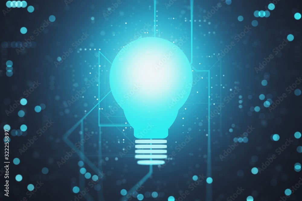 Poster glowing light bulb symbol on a blue digital background, idea and technology concept. 3d rendering