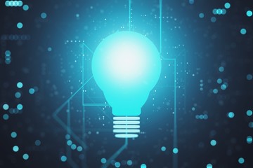 Glowing light bulb symbol on a blue digital background, idea and technology concept. 3D Rendering