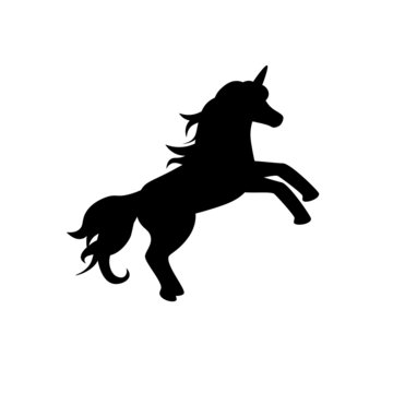 Silhouette of unicorn on white background. Vector illustration. Shape of unicorn. Graphic badge, banner, icon, print or logo.