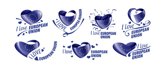 Flag of the European union in the shape of a heart and the inscription I love European union. Vector illustration
