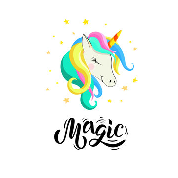 Cute unicorns magic design with hand lettering quotes. Vector illustration for card, poster, t-shirt, invitation, banner template.