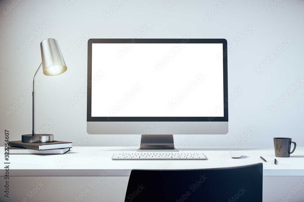 Poster desktop with computer, chair and lamp. mockup. 3d rendering