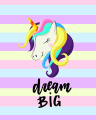 Cute unicorns magic design with hand lettering quotes. Vector illustration for card, poster, t-shirt, invitation, banner template.