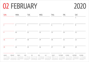 February 2020 desk calendar vector illustration