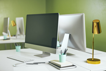 Desktop with computer in modern furnished office. 3D Rendering