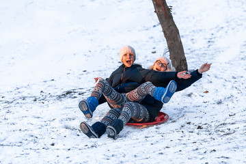 Fototapeta na wymiar Little girls sliding from the hill in winter
