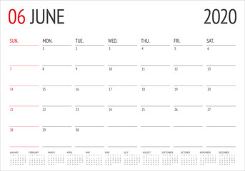 June 2020 desk calendar vector illustration