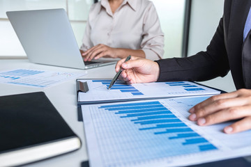 Executive business woman team brainstorming on meeting to conference planning investment project working and strategy of business making conversation with partner, financial and accounting concept