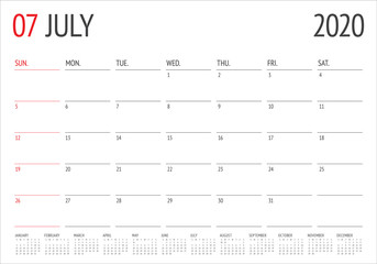 July 2020 desk calendar vector illustration