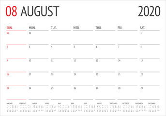 August 2020 desk calendar vector illustration