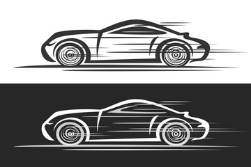 Vector logo for Sports Car, horizontal automotive banners with contour illustration of sport coupe in motion, black and white art car concept.