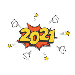 2021 New Year comic book style postcard or greeting card element. Vector winter holiday retro design.
