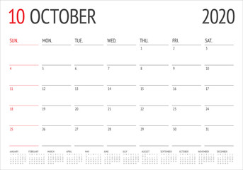 October 2020 desk calendar vector illustration