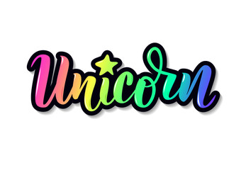 Unicorn vector hand lettering word with rainbow for clothes. Typography.  Great for logo, t-shirt, unicorn birthday party, badge, icon, card, poster, invitation, banner template.