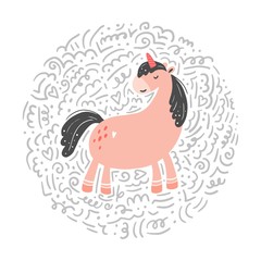 Unicorn of simple trendy cartoon style with elements. Unicorn of pink color for kids and magic textile, bag, t-shirt design. Isolated vector illustration.