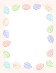 Postcard template with Easter eggs in pastel colors. Printable stationary mockup with cute Ostara colored eggs frame composition.