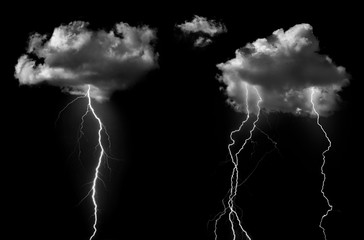 Clouds with lightning isolated on black background. Concept on topic weather, cataclysms (hurricane, Typhoon, tornado, storm). - Powered by Adobe
