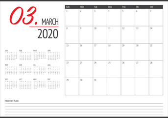 March 2020 desk calendar vector illustration