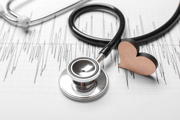 Stethoscope with heart and cardiogram, closeup