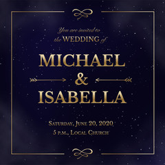 Wedding invitation square card on magic night dark blue sky with sparkling stars and nebula. Vector golden shiny glowing lettering in creative frame. Luxury elegant navy blue template.