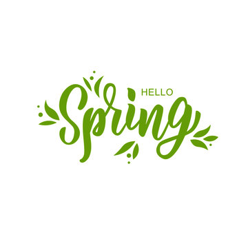 Hello spring hand lettering text as logotype, badge and icon, postcard, card, invitation, banner template. Special spring sale typography poster. Vector illustration.
