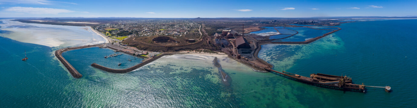 Wide aerial panoramic view captured from the sea of the steelworks and marina at Whyalla in South Australia