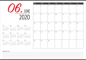 June 2020 desk calendar vector illustration