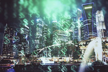 Financial chart on city scape with tall buildings background multi exposure. Analysis concept.