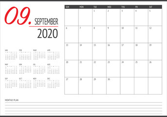 September 2020 desk calendar vector illustration