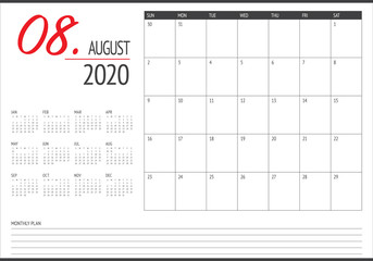 August 2020 desk calendar vector illustration
