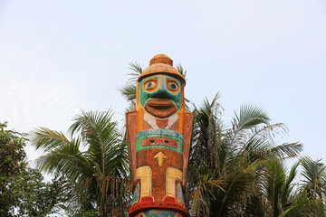 Wood totem poles in a park, China