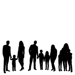  isolated, black silhouette of a group of people with children