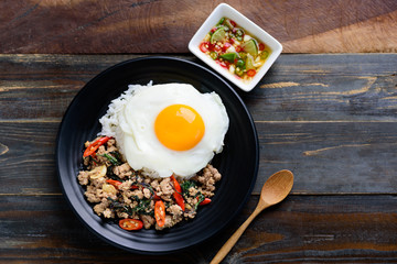 Thai food (Pad Kaprao Moo Kai Dao), stir-fried holy basil with minced pork and fried egg